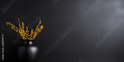 black vase with plant in empty room on the dark background, black flower vase in the dark empty room, black vase with plant shelf ai generative