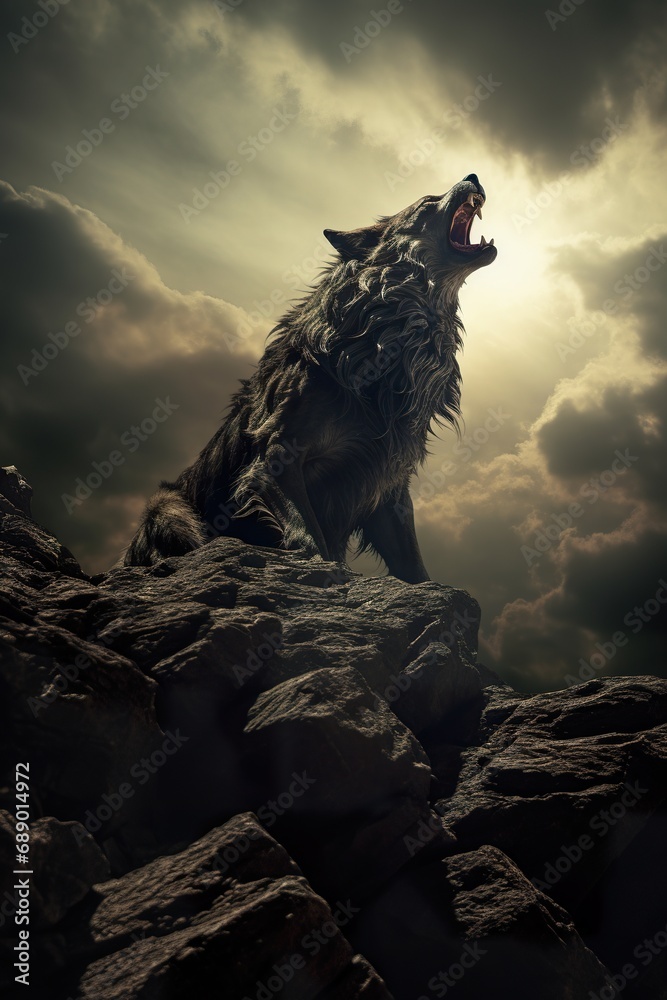 Fototapeta premium A werewolf howling at the moon on a cliff, with a dramatic stormy sky