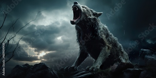 A werewolf howling at the moon on a cliff, with a dramatic stormy sky © EOL STUDIOS