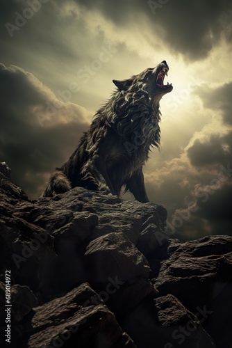 A werewolf howling at the moon on a cliff, with a dramatic stormy sky