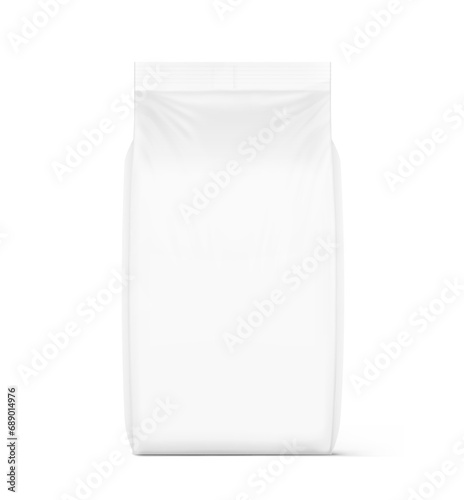 Vertical bag mockup. Flat bottom gusset bag. Front view. High realistic. Vector illustration isolated on white background. Ready for use in presentation, promo, advertising and more. EPS10.