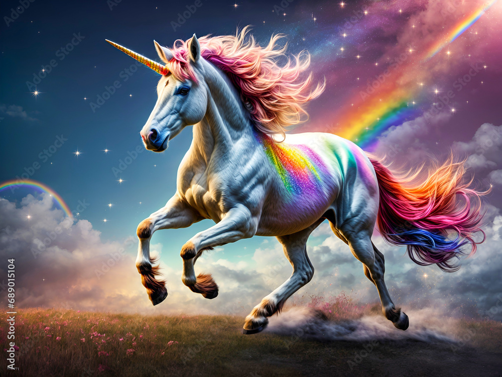 A magical unicorn with a rainbow mane and sparkling hooves A magical unicorn with a rainbow mane and sparkling hooves