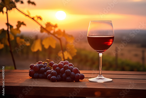Beautiful autumn still life with red wine and grape outdoor. Generative AI