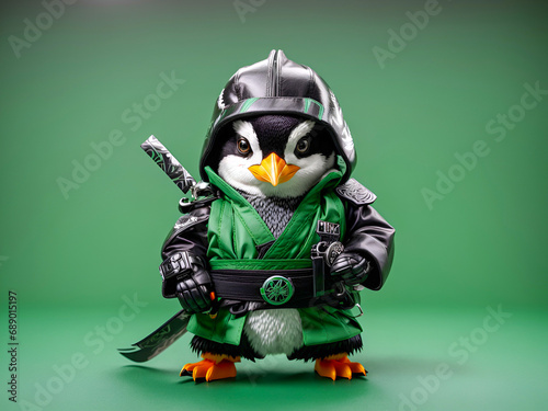 A ninja penguin with a black belt and shurikens photo