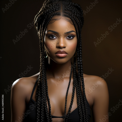 Black Woman Beauty in Cornrows and Braids: African American Woman's Portrait with Striking Hairdo.
