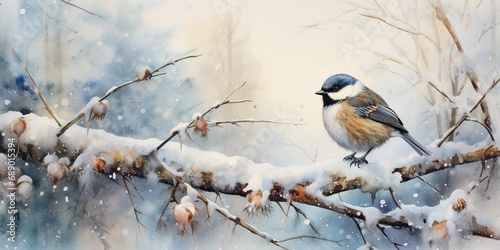 Artistic January-themed watercolor painting featuring a snowman and winter wildlife on textured paper