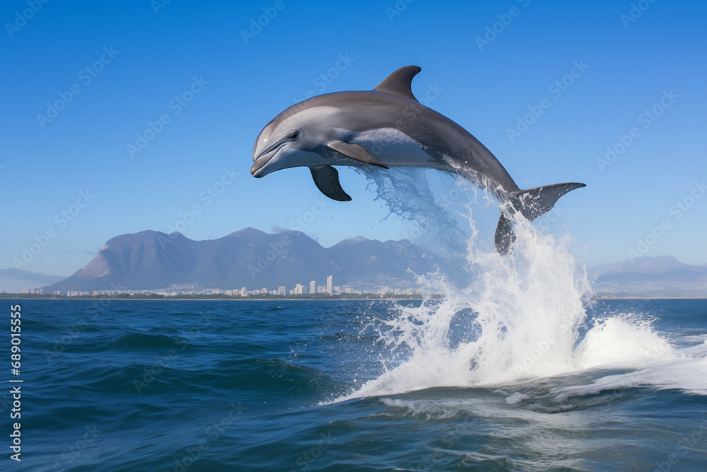 Fototapeta premium Beautiful grey dolphin jumping above water. Generative AI