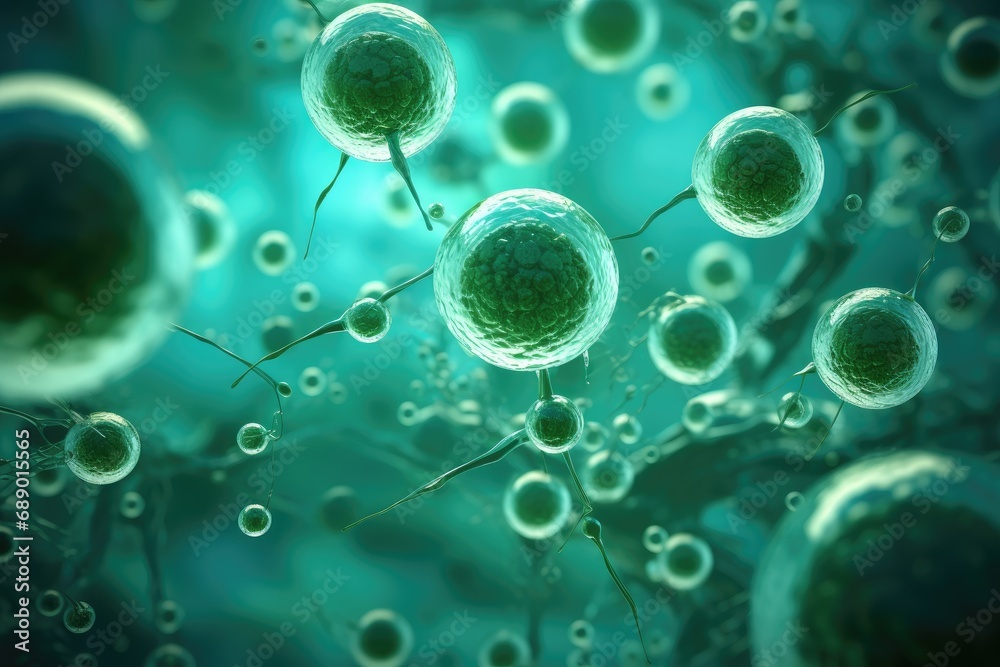 Science fiction microscopic view of green cells reviving dead cells.