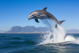 Beautiful grey dolphin jumping above water. Generative AI