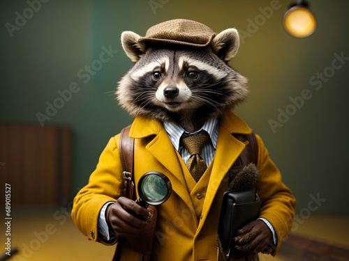a dapper raccoon with a tweed coat and a magnifying glass