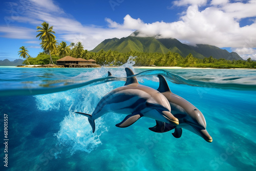 Two dolphins swimming in pure sea near island. Generative AI