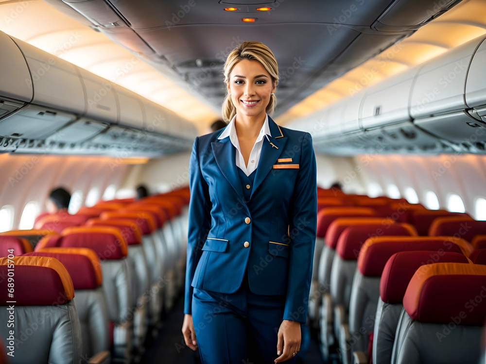 a poised flight attendant dressed in a smart uniform a poised flight attendant dressed in a smart uniform