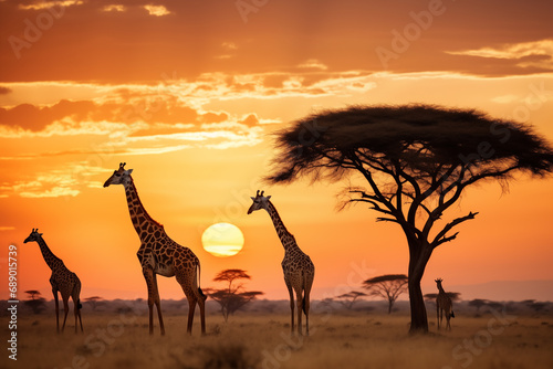 Giraffes silhouettes walking nearly tree at sunset. Generative AI