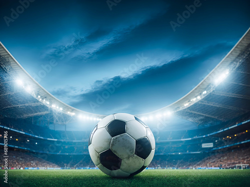 A weathered soccer ball sits at the heart of a grand stadium