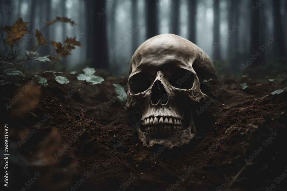 The skull was buried in the ground in a quiet and eerie forest The skull was buried in the ground in a quiet and eerie forest