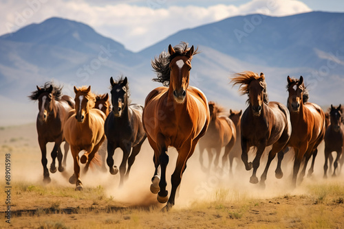 Group of horses running in field together. Generative AI