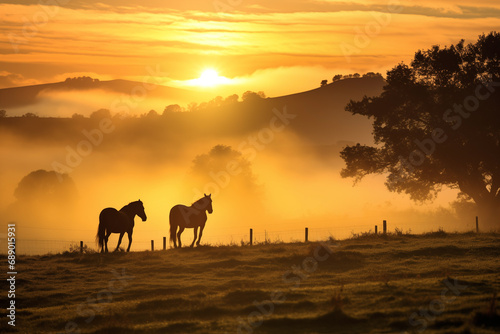 Young horses walking in fog at sunset. Generative AI