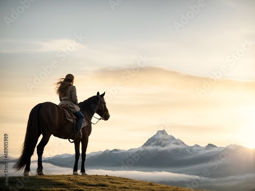a serene scene with a woman riding a horse on a grassy hill