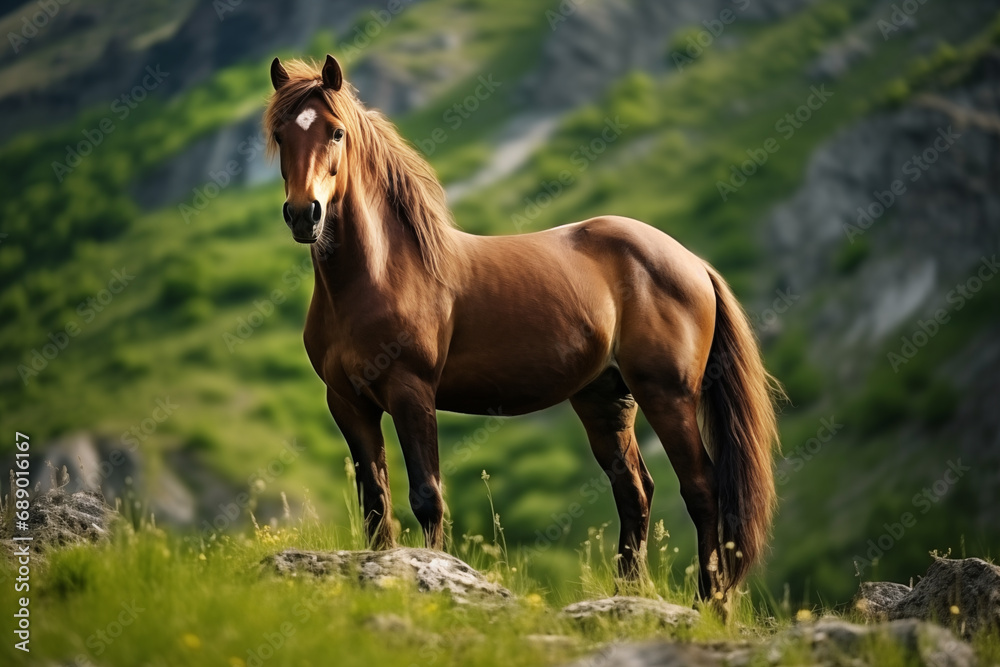 Obraz premium Horse standing at nature on the rocks. Generative AI