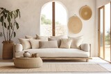 Modern living room with round table, sofa, and boho style hanging decorations. Contemporary home.