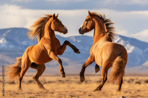 Jumping brown and white stallions in field. Generative AI © Nomad_Soul