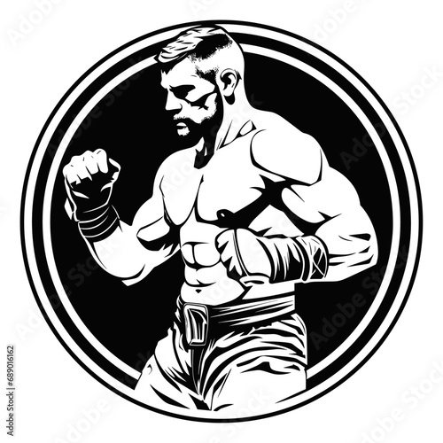 Mixed Martial Arts Player Logo in Stencil Vector: Flat Color Black and White Design on White Background