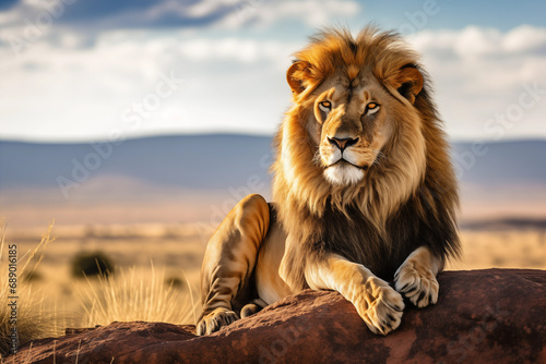 Pensive lion laying on rock in savannah. Generative AI
