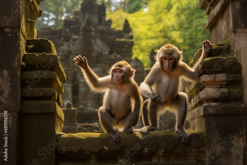Monkeys in ruins of antique temple. Generative AI