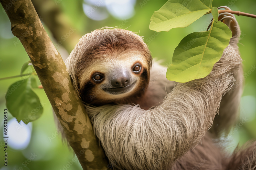 Cute sloth lying on tree in forest and looking at camera. Generative AI Cute sloth lying on tree in forest and looking at camera. Generative AI