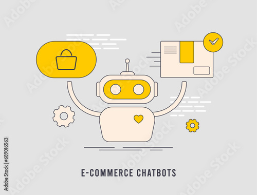 E-commerce chatbot - Offer shopping assistance and ai customer support. Cross-Sell, Upsell with AI. Chatbot to recover abandoned carts, easy order tracking and updates. Isolated vector illustration