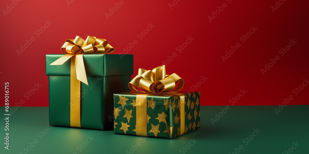 Group of Christmas gifts on a colored background with copy space.