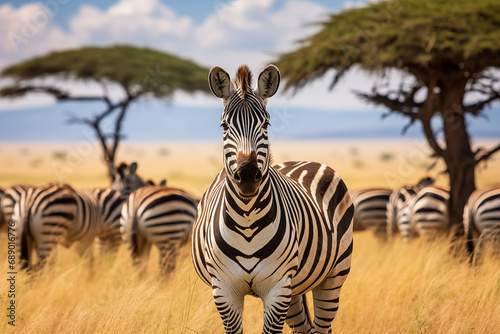 Wild zebra in field looking at camera. Generative AI