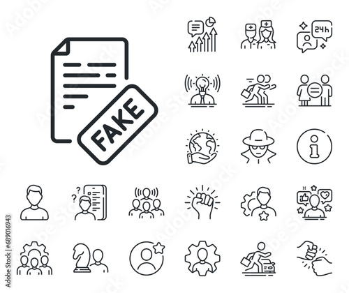 Propaganda conspiracy document sign. Specialist, doctor and job competition outline icons. Fake news line icon. Wrong truth symbol. Fake news line sign. Avatar placeholder, spy headshot icon. Vector