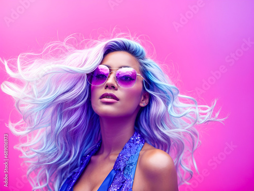 a woman with flowing hair tinted in pastel colors