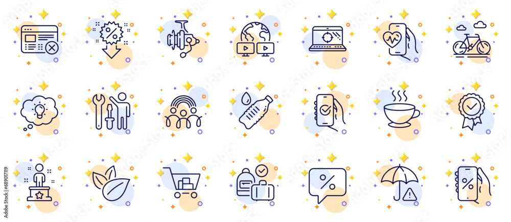 Outline set of Reject web, Carry-on baggage and Coffee cup line icons for web app. Include Internet shopping, Video conference, Organic product pictogram icons. Success, Discounts app. Vector Outline set of Reject web, Carry-on baggage and Coffee cup line icons for web app. Include Internet shopping, Video conference, Organic product pictogram icons. Success, Discounts app. Vector