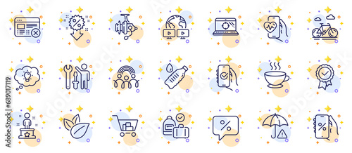 Outline set of Reject web, Carry-on baggage and Coffee cup line icons for web app. Include Internet shopping, Video conference, Organic product pictogram icons. Success, Discounts app. Vector
