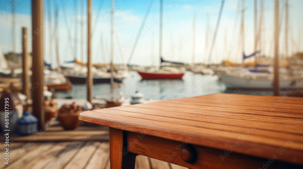 Wooden table at a harbor with boats in the background. Product display concept. Wooden table at a harbor with boats in the background. Product display concept.