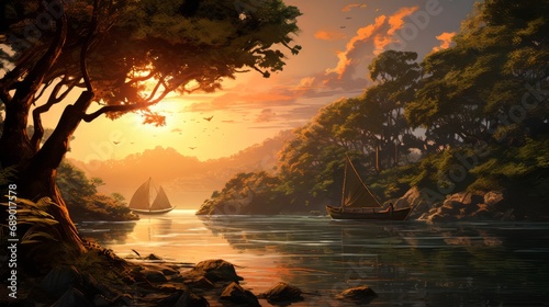 long, brown, and thick trees, in the style of serene seascapes, traditional arts of africa, oceania, and the americas, vray, romantic conception, romantic scenery, golden light, detailed ship sails