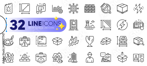 Outline set of Send box, Warning briefcase and Search package line icons for web with Framework, Palette, Opened box thin icon. Renewable power, Boxes shelf, Square area pictogram icon. Vector