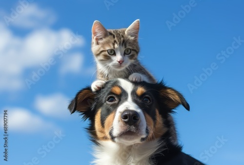 puppy sits on a cat's back, over blue background, in the style of light sky-blue and dark gray, melds mexican and american cultures, creative commons attribution, uhd image, lively interiors photo