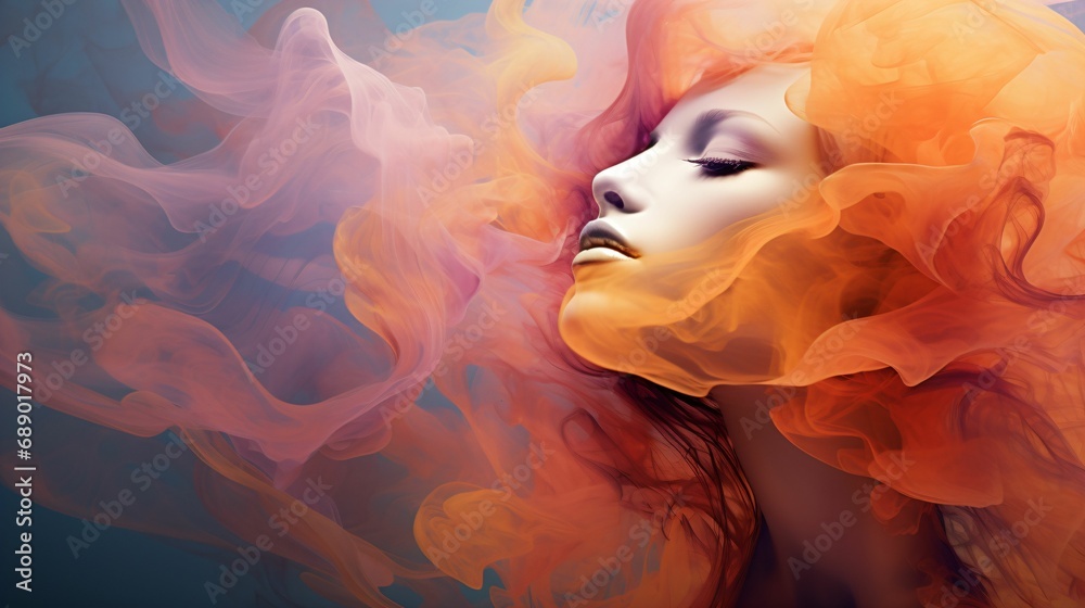 Beauté et pureté, illustration conceptuel du visage d'une femme aux cheveux colorés, cosmétique, coiffure et maquillage,  ia générative