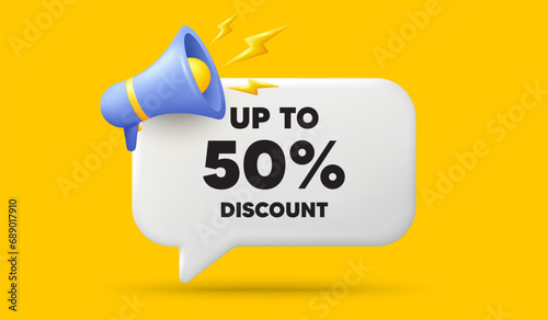 Up to 50 percent discount. 3d speech bubble banner with megaphone. Sale offer price sign. Special offer symbol. Save 50 percentages. Discount tag chat speech message. 3d offer talk box. Vector
