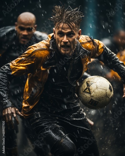 soccer match in the rain with several people fighting for a ball, in the style of daz3d, dark cyan and yellow, captivating documentary photos, piles/stacks, maranao art
