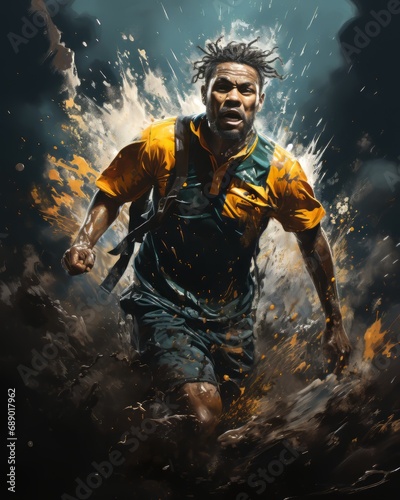 soccer players are in the air as they try to kick a soccer ball, in the style of joel rea, joÃ£o artur da silva, dark teal and light yellow, soggy, photo montage, strong emotional impact, ferrania p30 photo