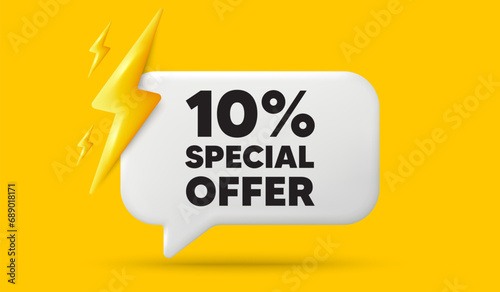 10 percent discount offer tag. 3d speech bubble banner with power energy. Sale price promo sign. Special offer symbol. Discount chat speech message. 3d offer talk box. Vector