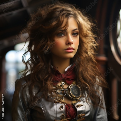 steampunk girl by tania snider, in the style of ray tracing, uhd image, eerily realistic, daniel f. gerhartz, texture rich, close-up, innovative page design photo