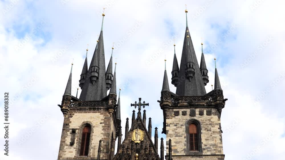 Impressive gothic Church of Our Lady before Tyn tower with spires close up Impressive gothic Church of Our Lady before Tyn tower with spires close up