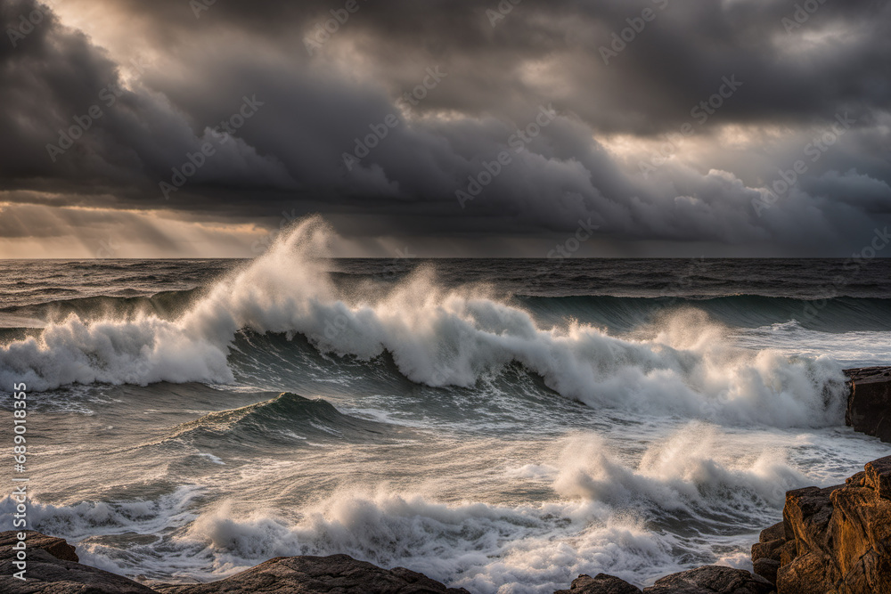 Fototapeta premium The sea waves were raging and dark clouds were in the sky. But there was a little light shining through