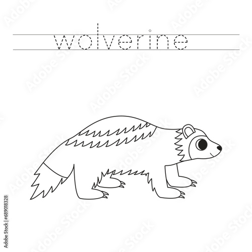 Trace the letters and color cartoon wolverine. Handwriting practice for kids.
