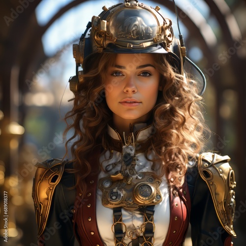steampunk girl with steam engine helmet, in the style of realistic and hyper-detailed renderings, unreal engine 5, andrzej sykut, uhd image, eerily realistic, intense close-ups, realistic scenes photo